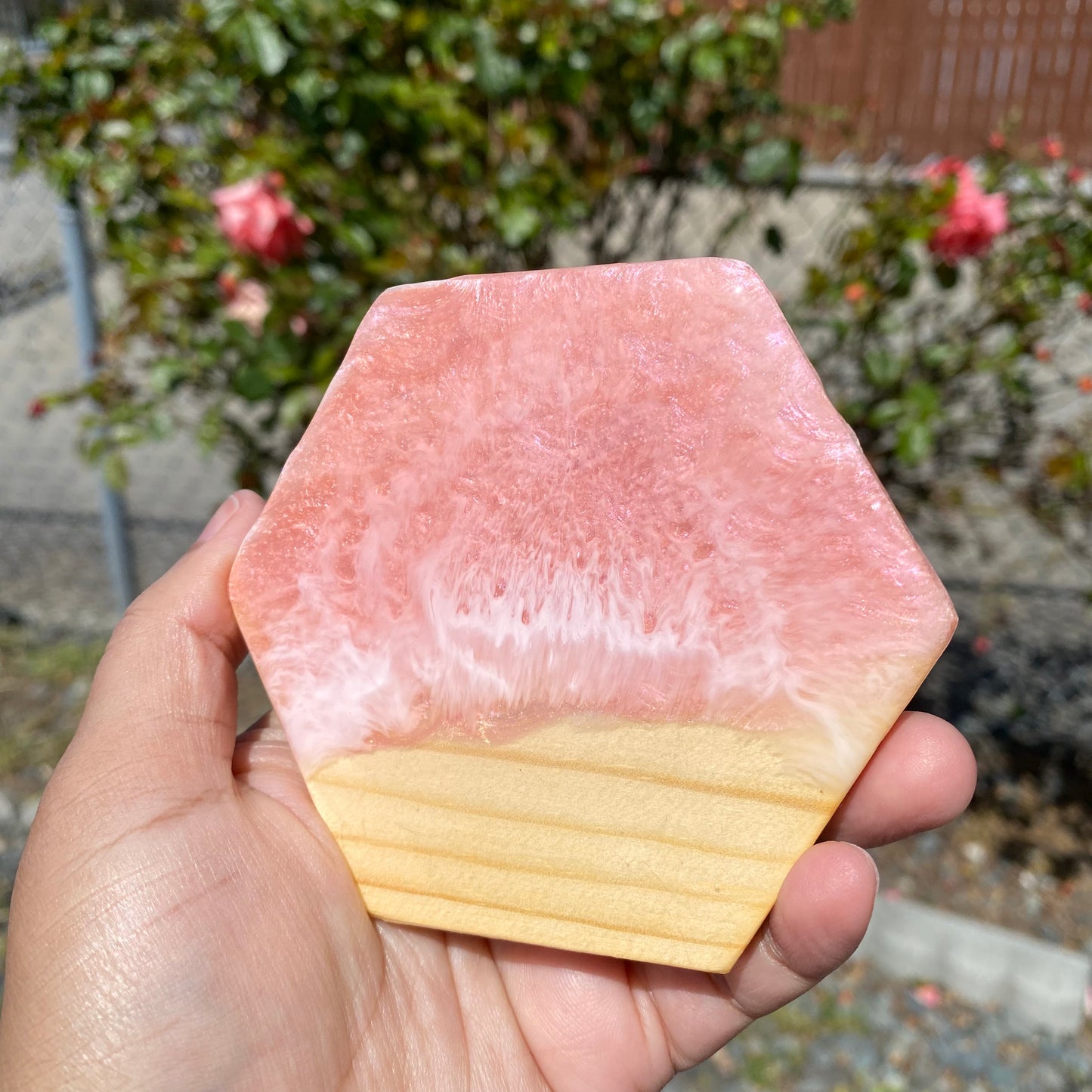 Set of 4 Pink and Rose Gold Hexagon Wooden Coasters