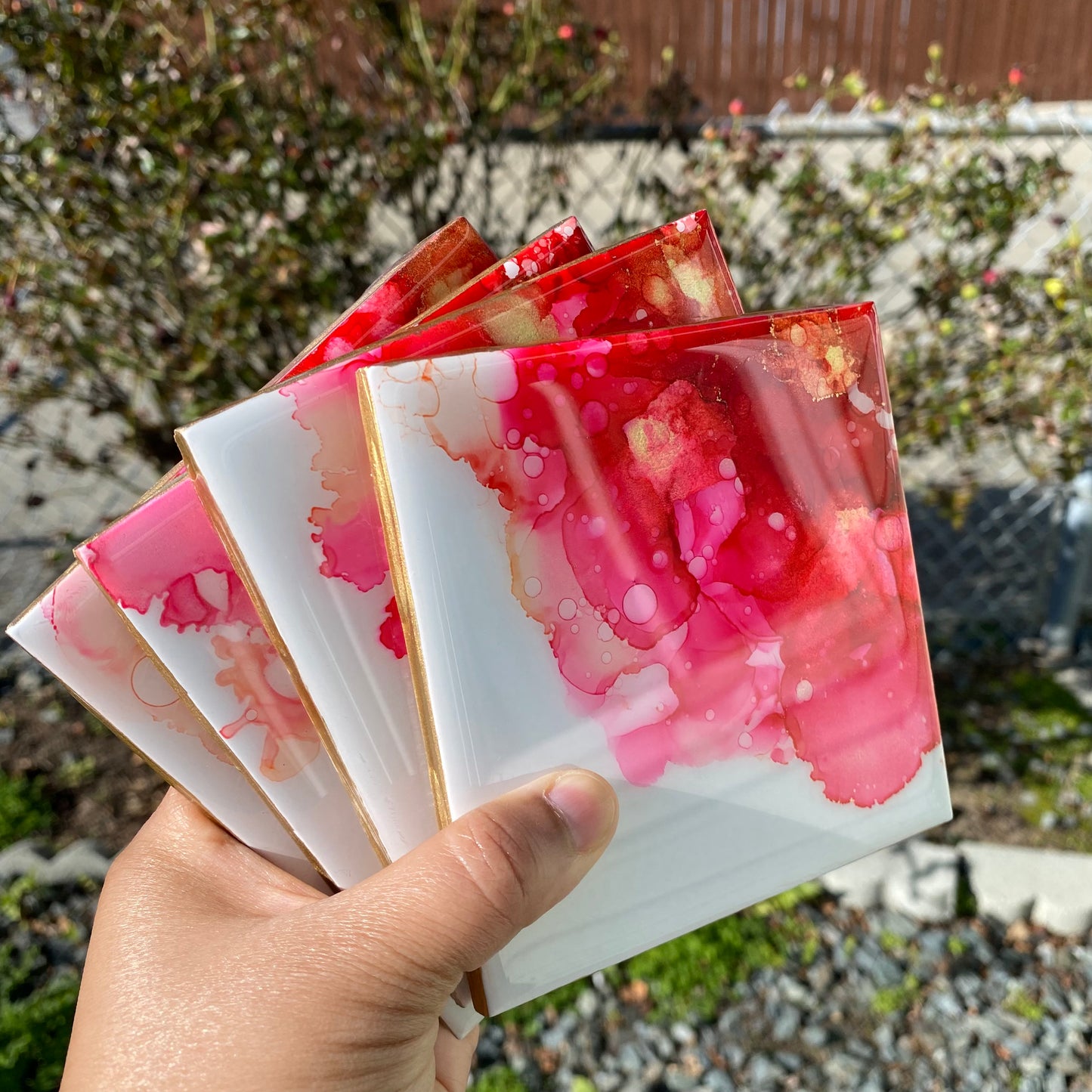 Set of 4 Red,Pink and Gold Ceramic Coasters