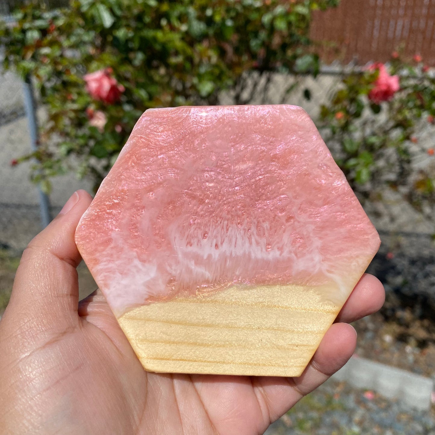 Set of 4 Pink and Rose Gold Hexagon Wooden Coasters