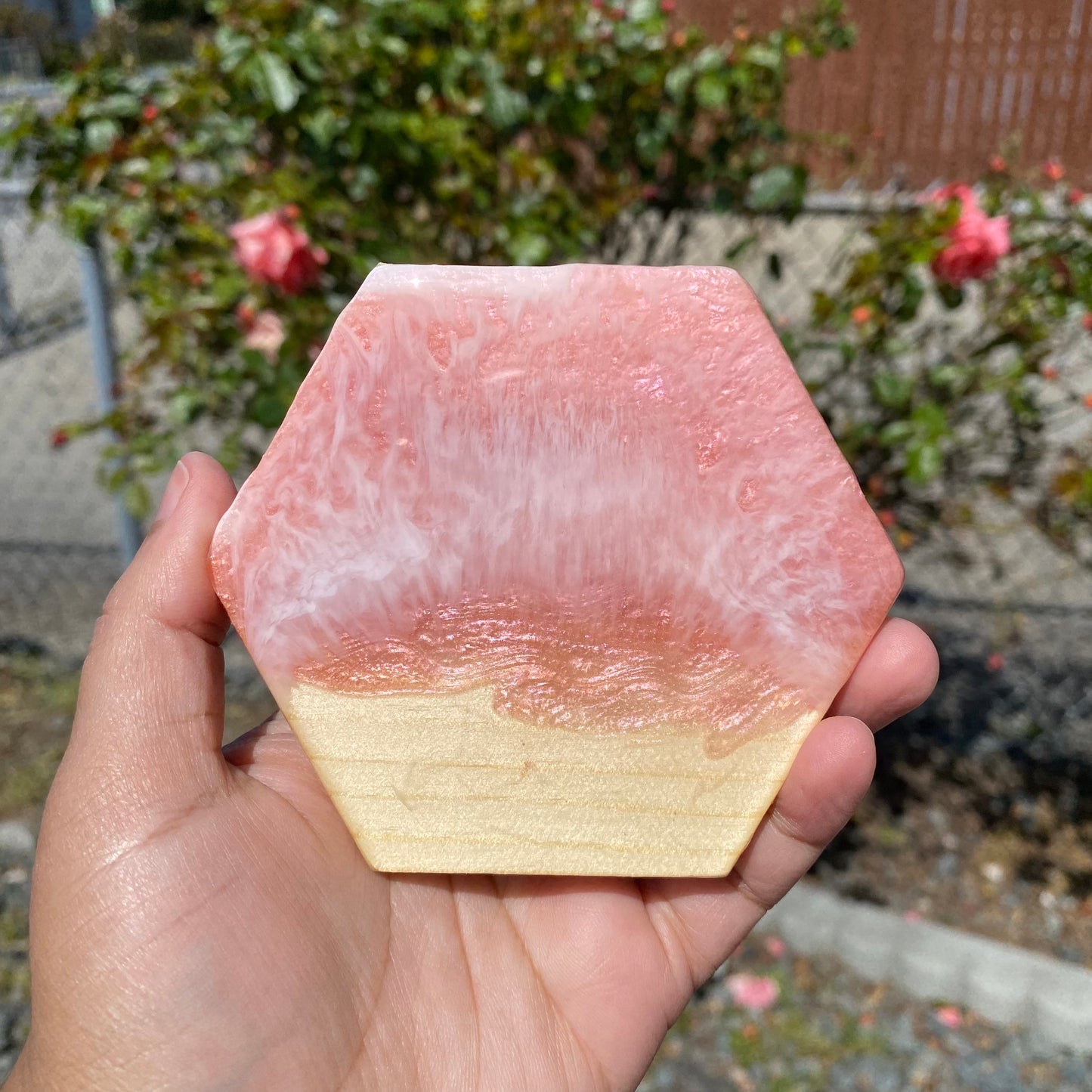 Set of 4 Pink and Rose Gold Hexagon Wooden Coasters