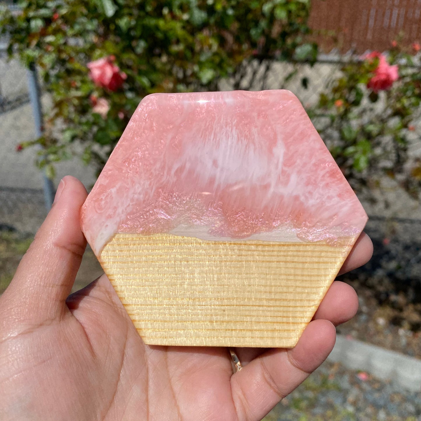 Set of 4 Pink and Rose Gold Hexagon Wooden Coasters