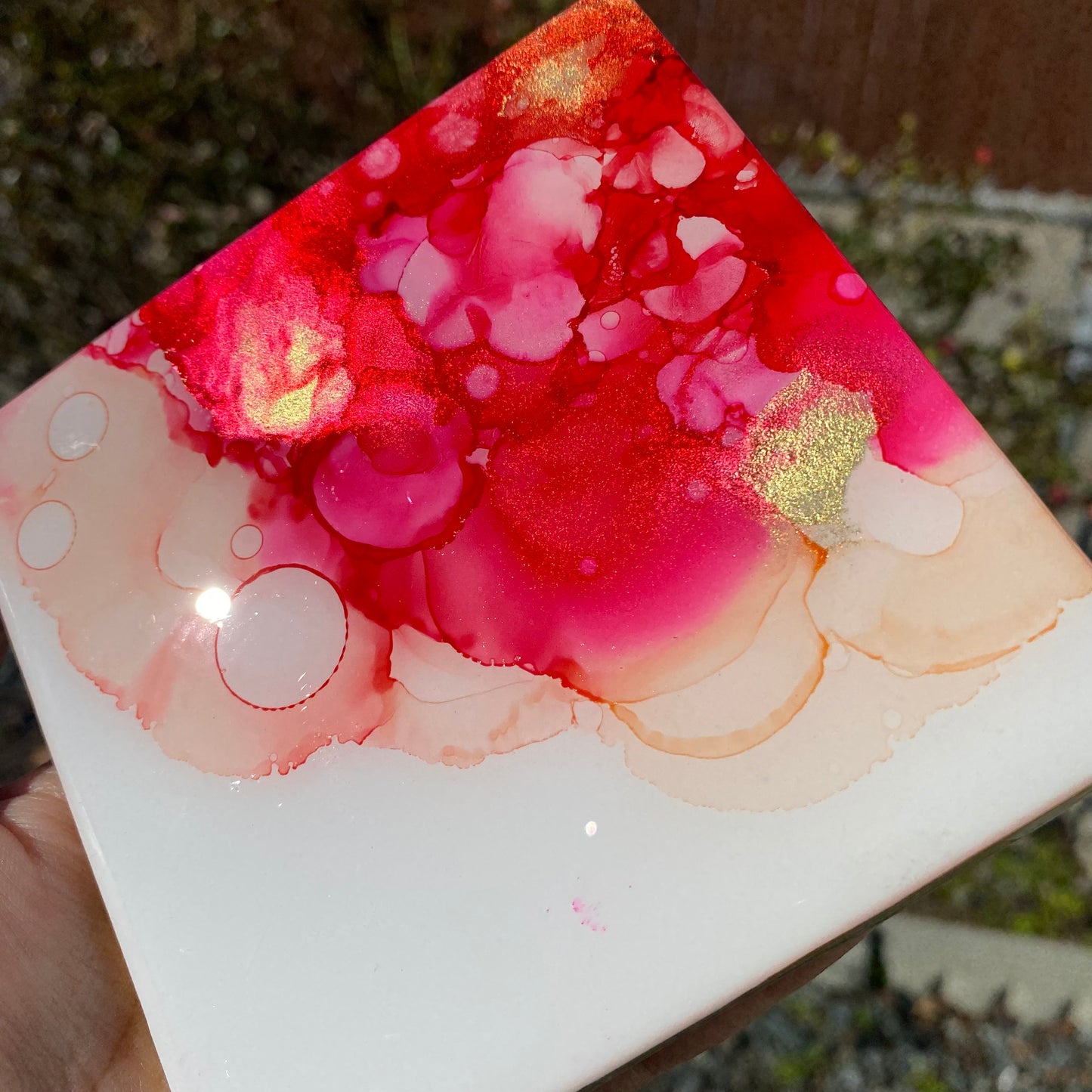 Set of 4 Red,Pink and Gold Ceramic Coasters